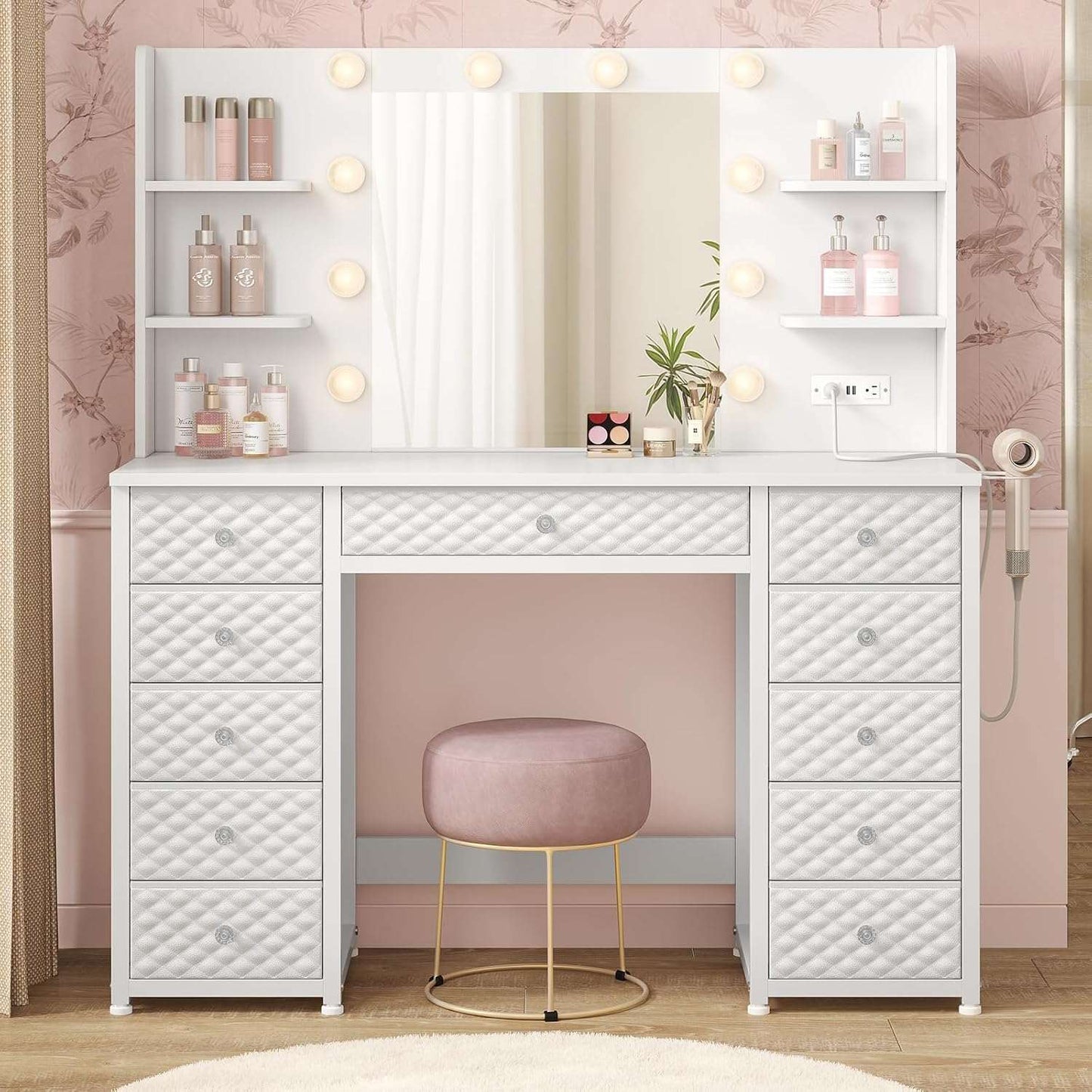 Makeup Vanity with 11 Drawers and 6 Open Shelves White