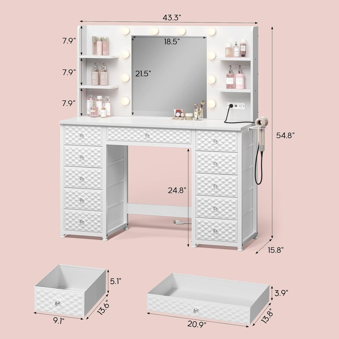 Makeup Vanity with 11 Drawers and 6 Open Shelves White