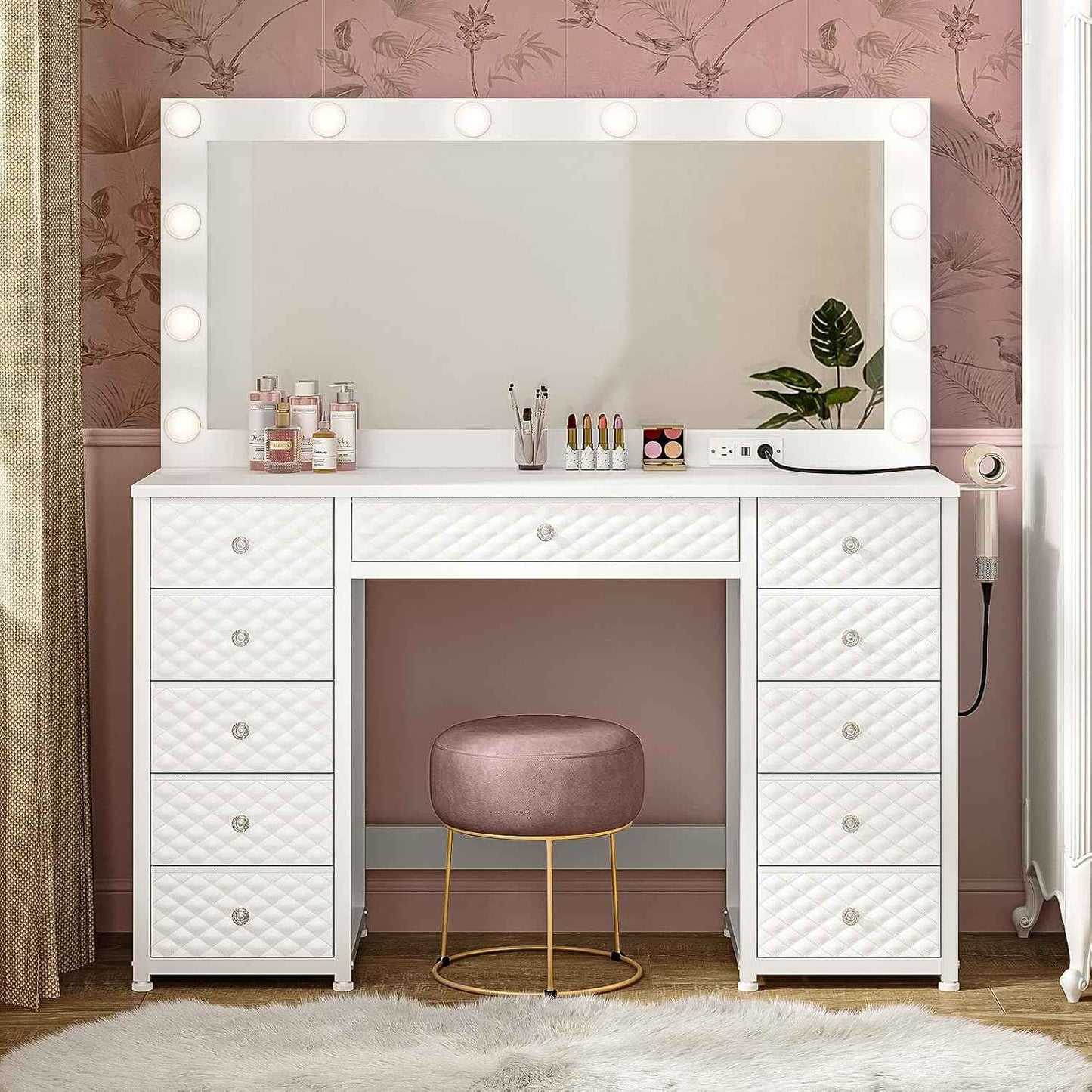 Makeup Vanity with 11 Drawers and Extra Large Mirror White