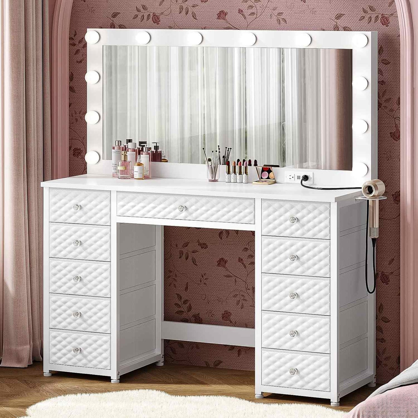 Makeup Vanity with 11 Drawers and Extra Large Mirror White