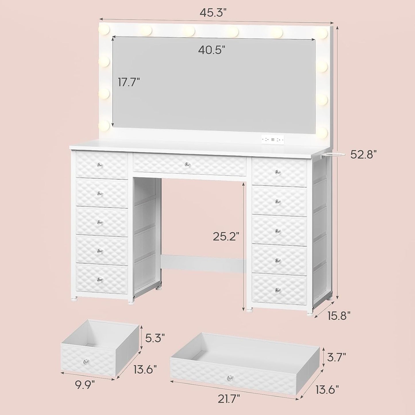Makeup Vanity with 11 Drawers and Extra Large Mirror White