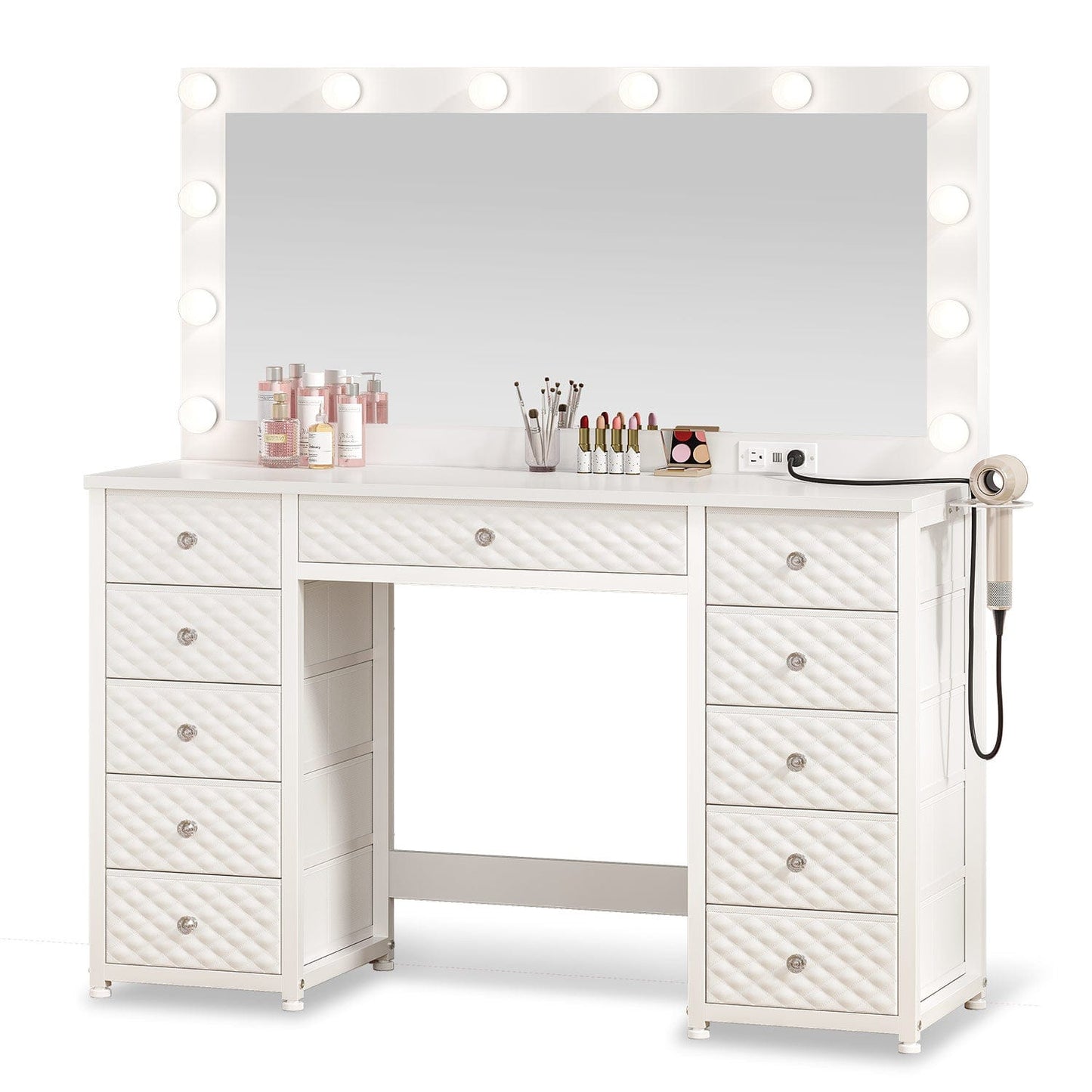 Makeup Vanity with 11 Drawers and Extra Large Mirror White