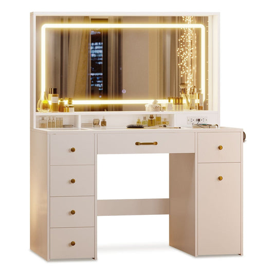 Makeup Vanity with Large LED Mirror and Power Outlet White