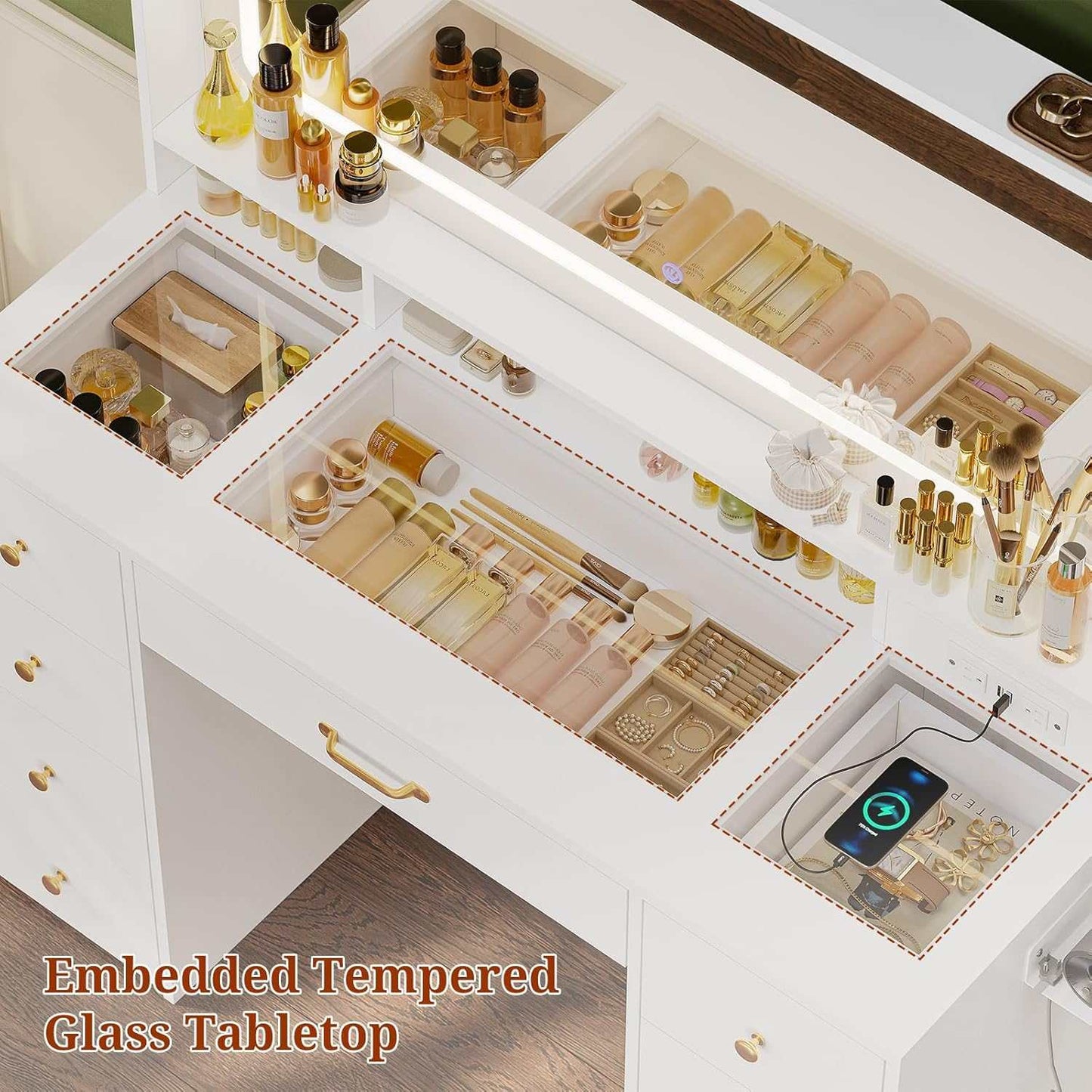 Makeup Vanity with Large LED Mirror and Power Outlet White