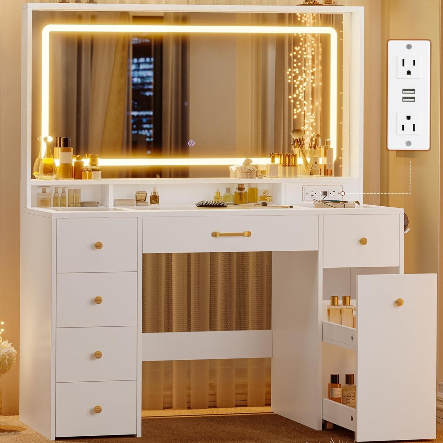 Makeup Vanity with Large LED Mirror and Power Outlet White