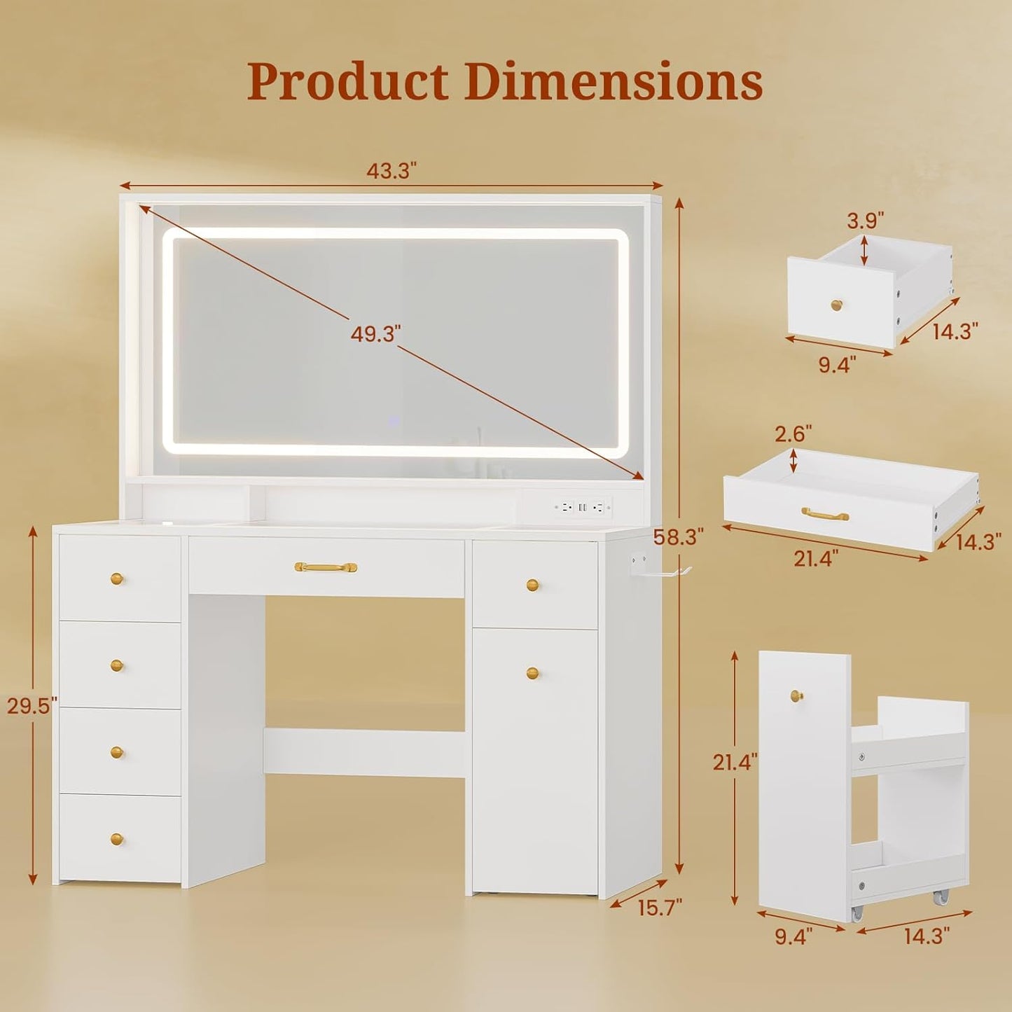 Makeup Vanity with Large LED Mirror and Power Outlet White