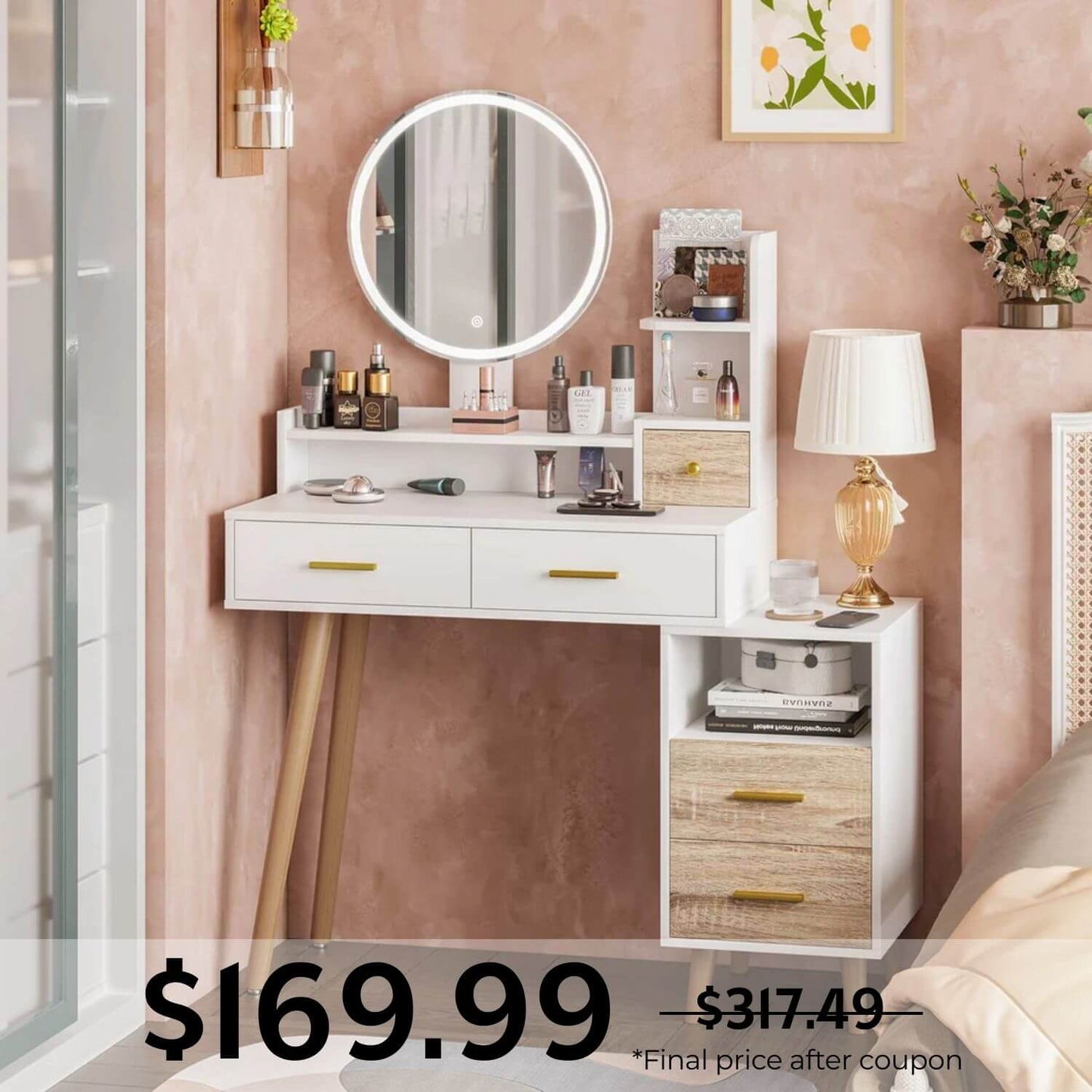 Makeup Vanity with LED Touch Screen Mirror White