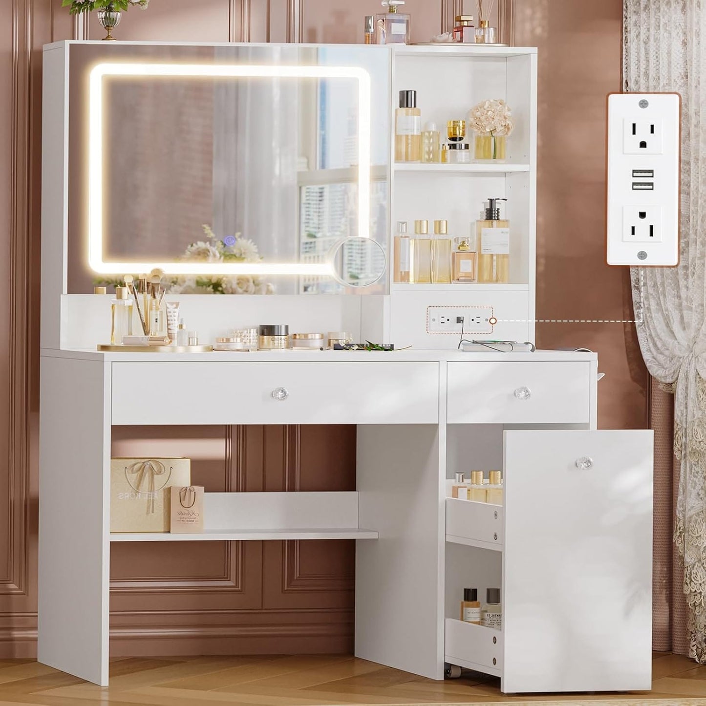 Makeup Vanity with Pull-Out LED Mirror and Power Outlet White