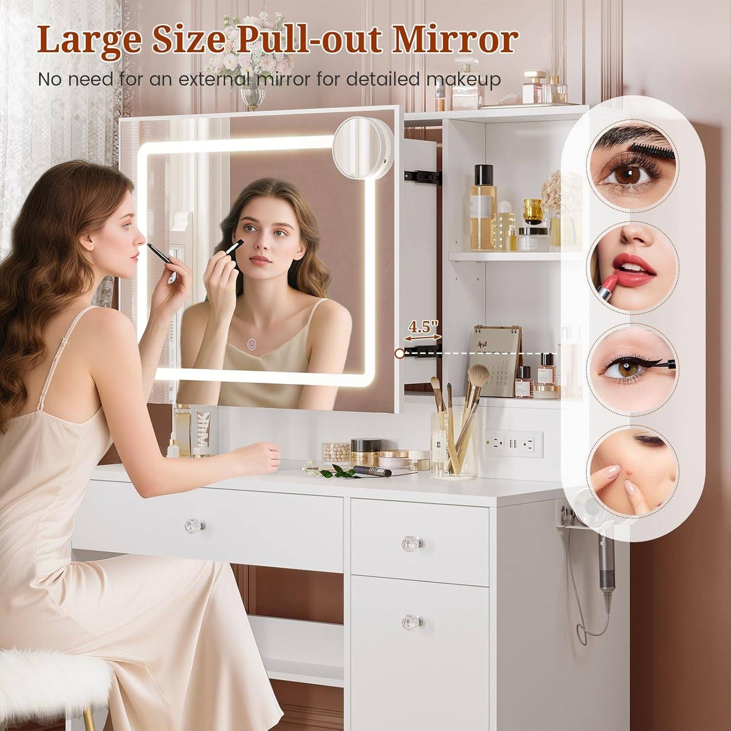 Makeup Vanity with Pull-Out LED Mirror and Power Outlet White
