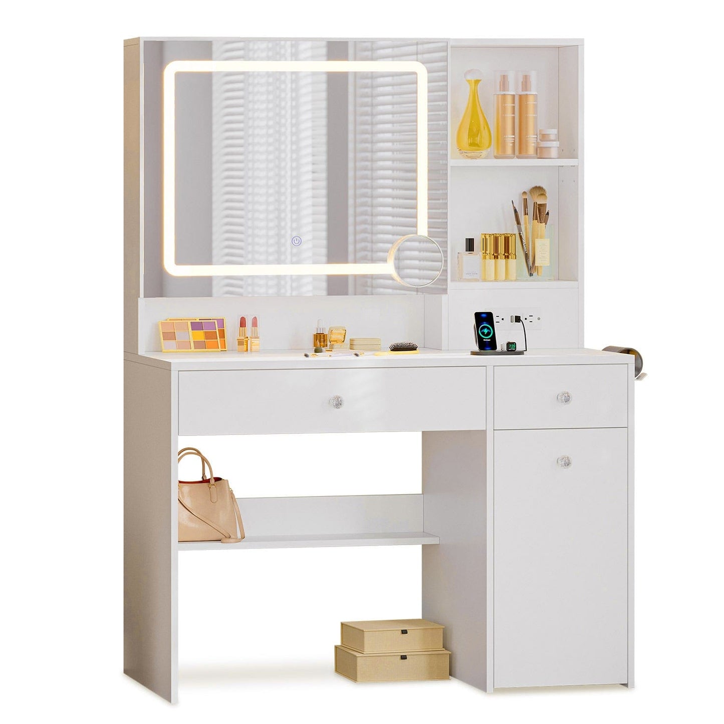 Makeup Vanity with Pull-Out LED Mirror and Power Outlet White
