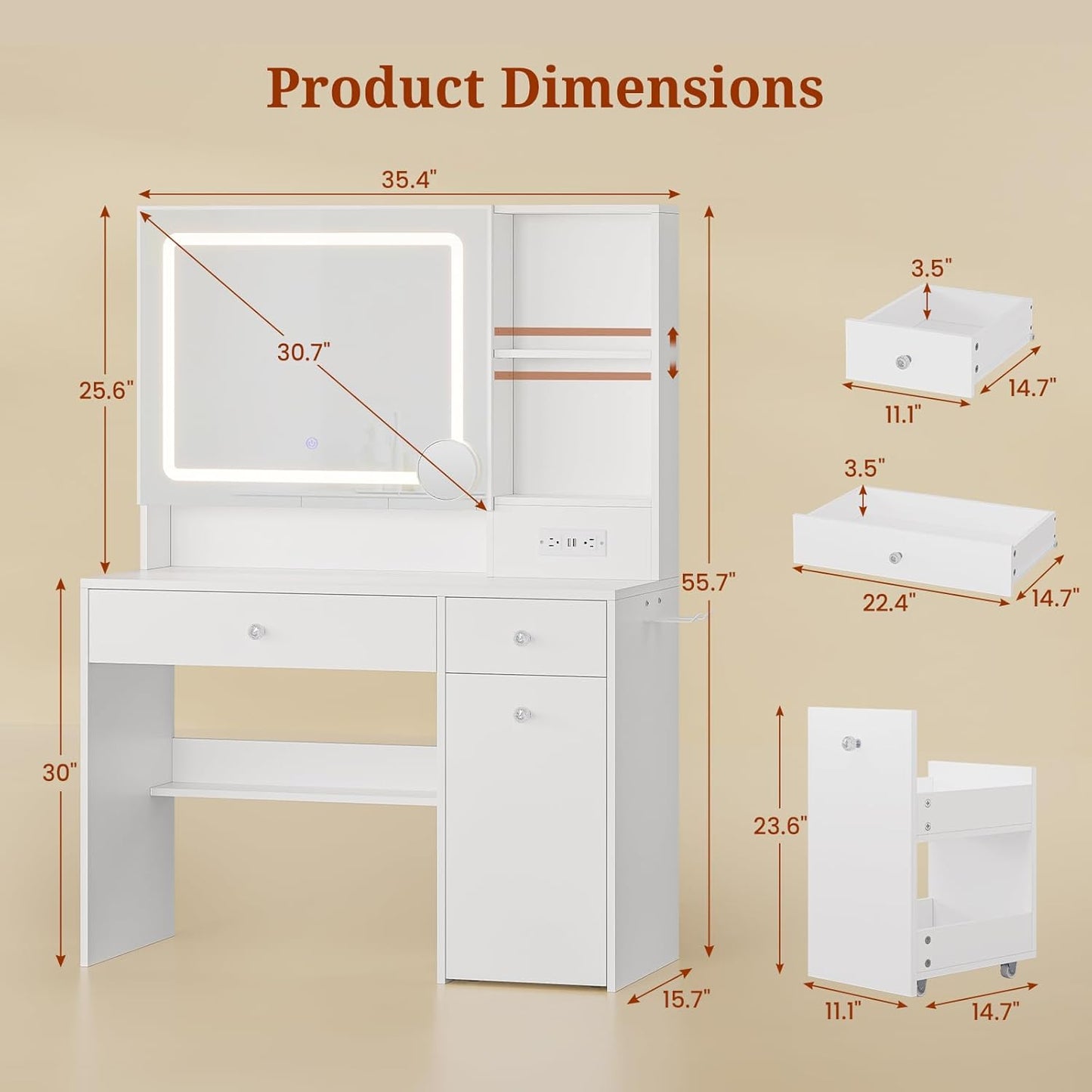 Makeup Vanity with Pull-Out LED Mirror and Power Outlet White
