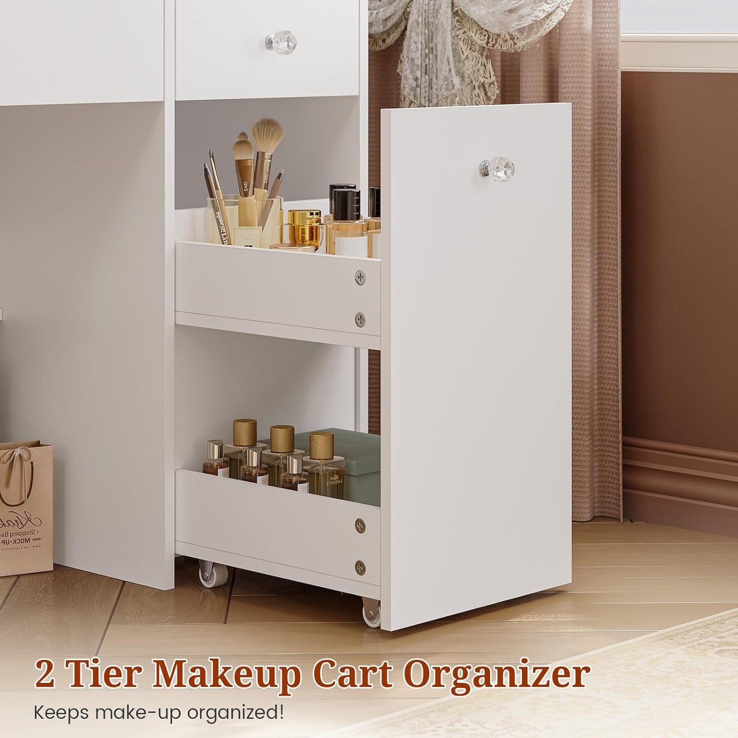 Makeup Vanity with Pull-Out LED Mirror and Power Outlet White