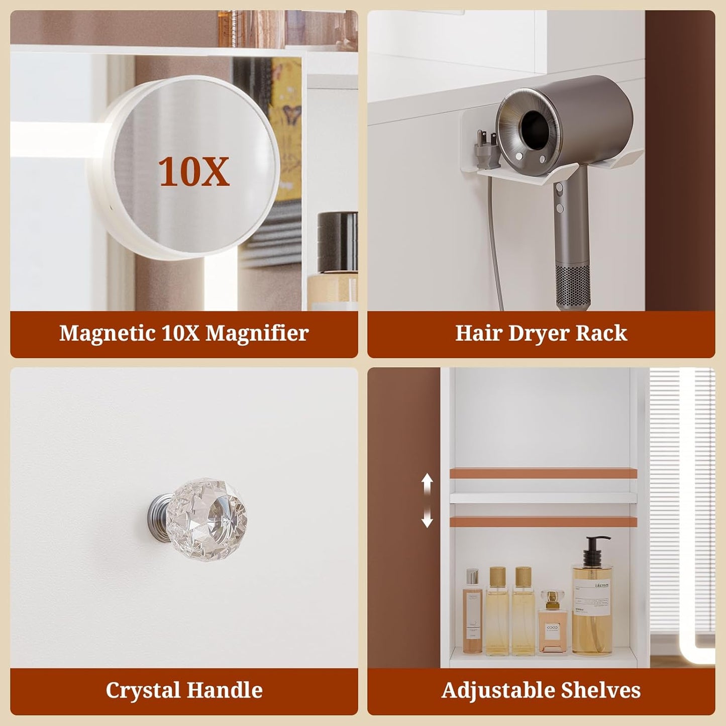 Makeup Vanity with Pull-Out LED Mirror and Power Outlet White
