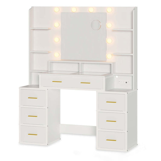 Glass Top Makeup Vanity with Lighted Mirror White