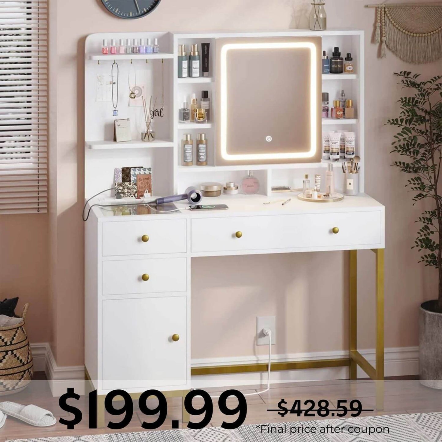 LED Makeup Vanity with Mirror Charging Station White
