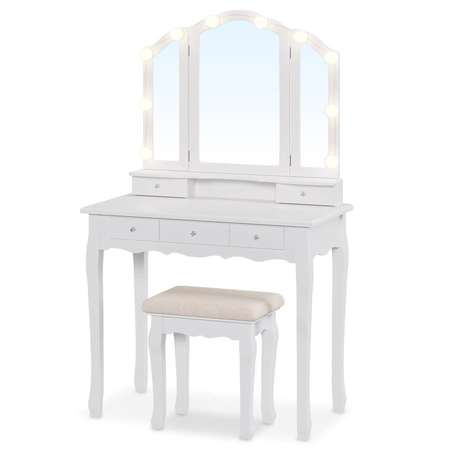 Makeup Vanity Set with LED Mirror Cushioned Stool White
