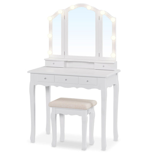 Makeup Vanity Set with LED Mirror Cushioned Stool White