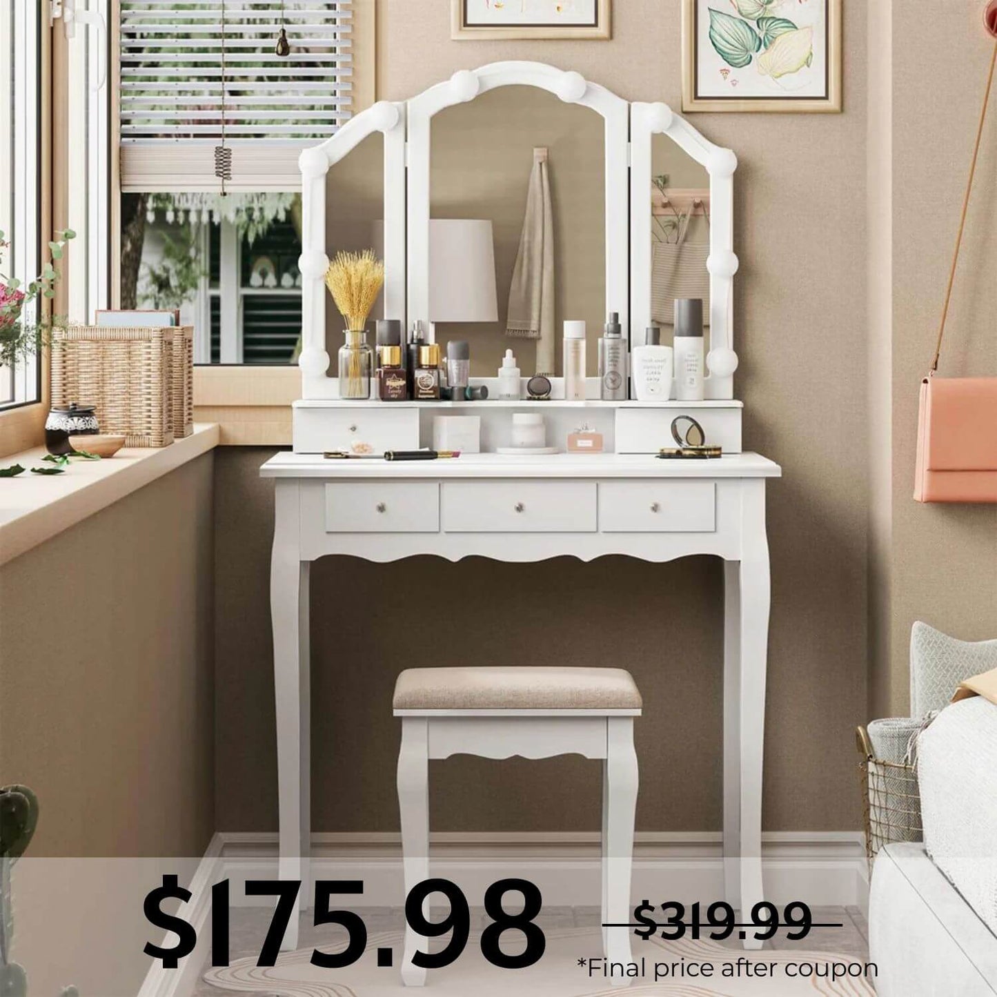 Makeup Vanity Set with LED Mirror Cushioned Stool White