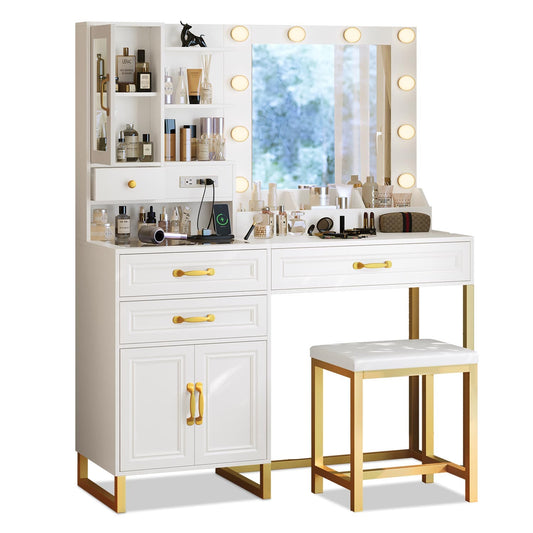 Glass Top Makeup Vanity Set with Bench White & Gold