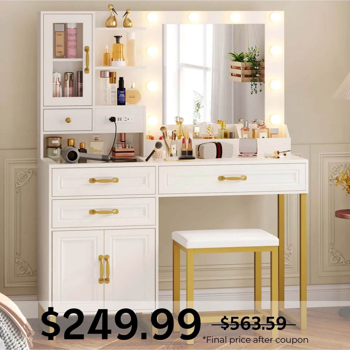 Glass Top Makeup Vanity Set with Bench White & Gold