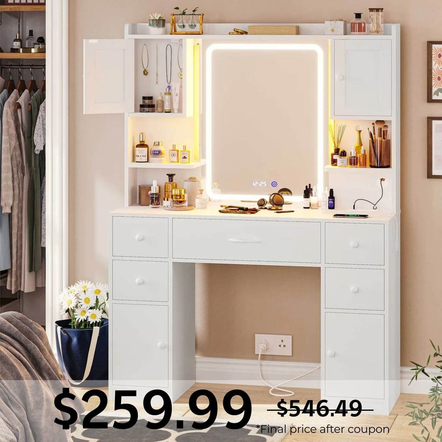 LED Makeup Vanity with Mirror and Outlet White