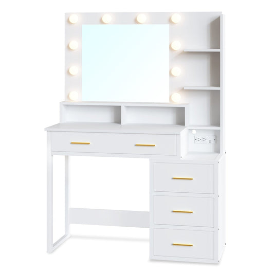 Makeup Vanity with LED Mirror Charging Station White