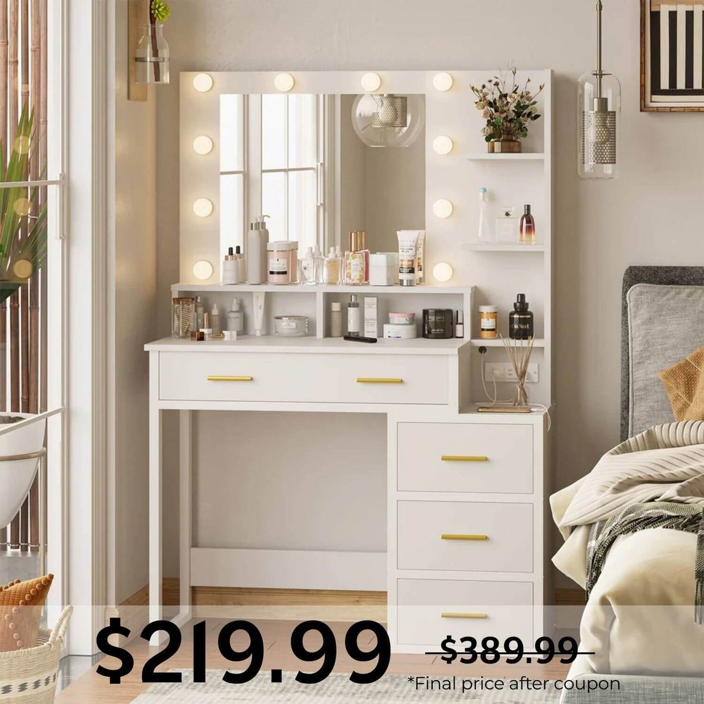 Makeup Vanity with LED Mirror Charging Station White
