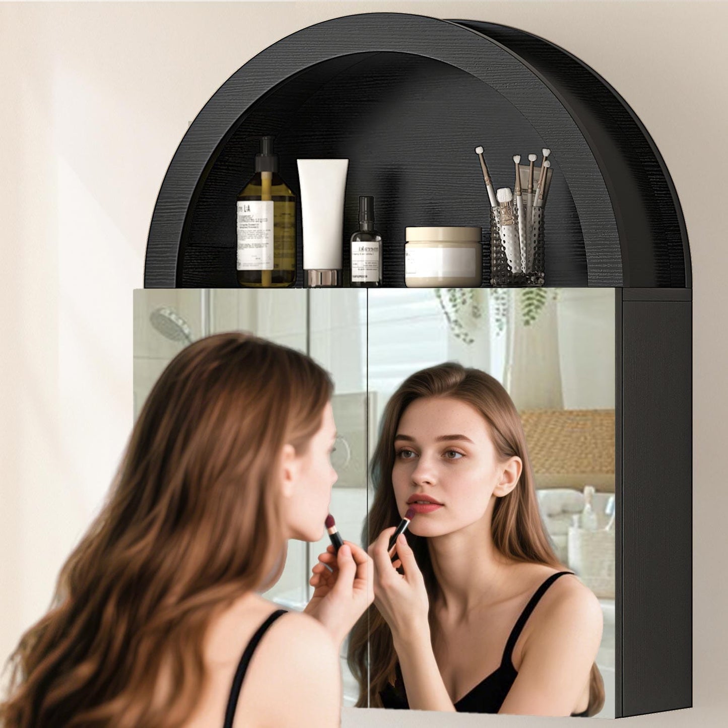 Arched Bathroom Wall Cabinet with High Gloss Mirror Black