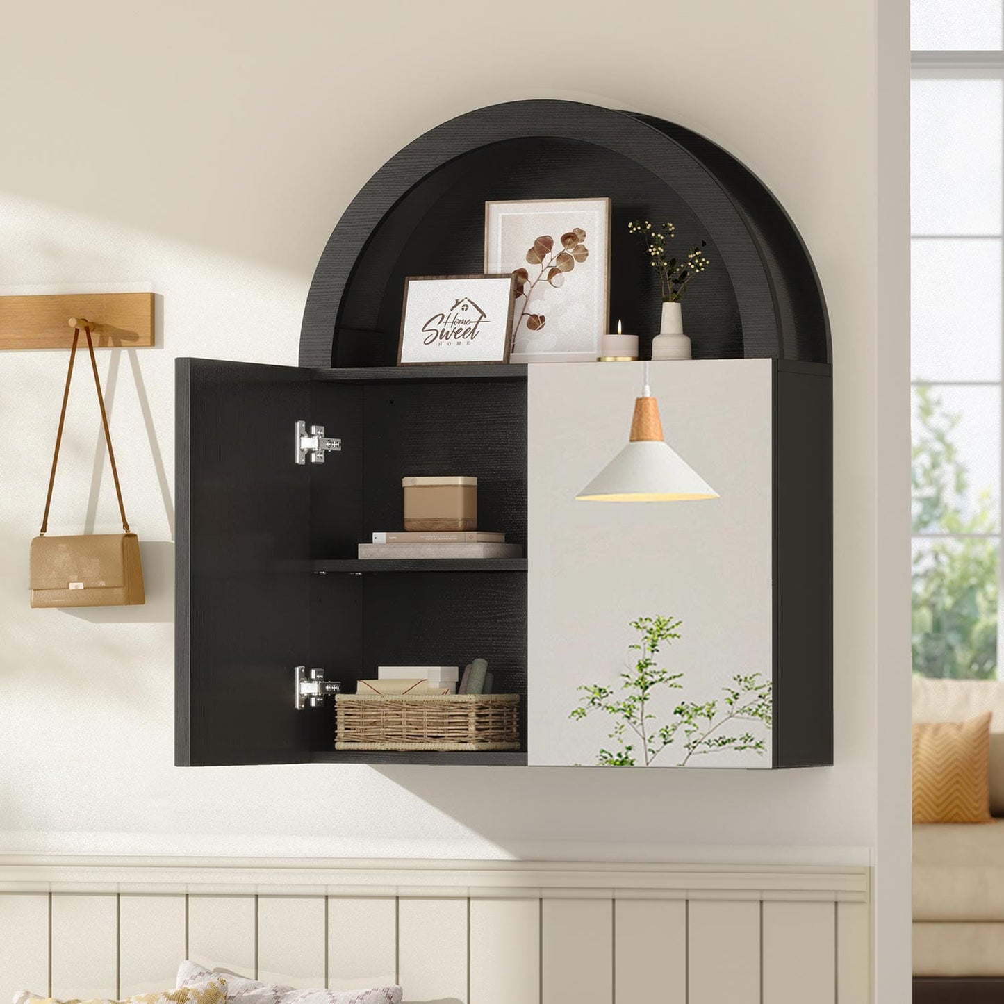 Arched Bathroom Wall Cabinet with High Gloss Mirror Black