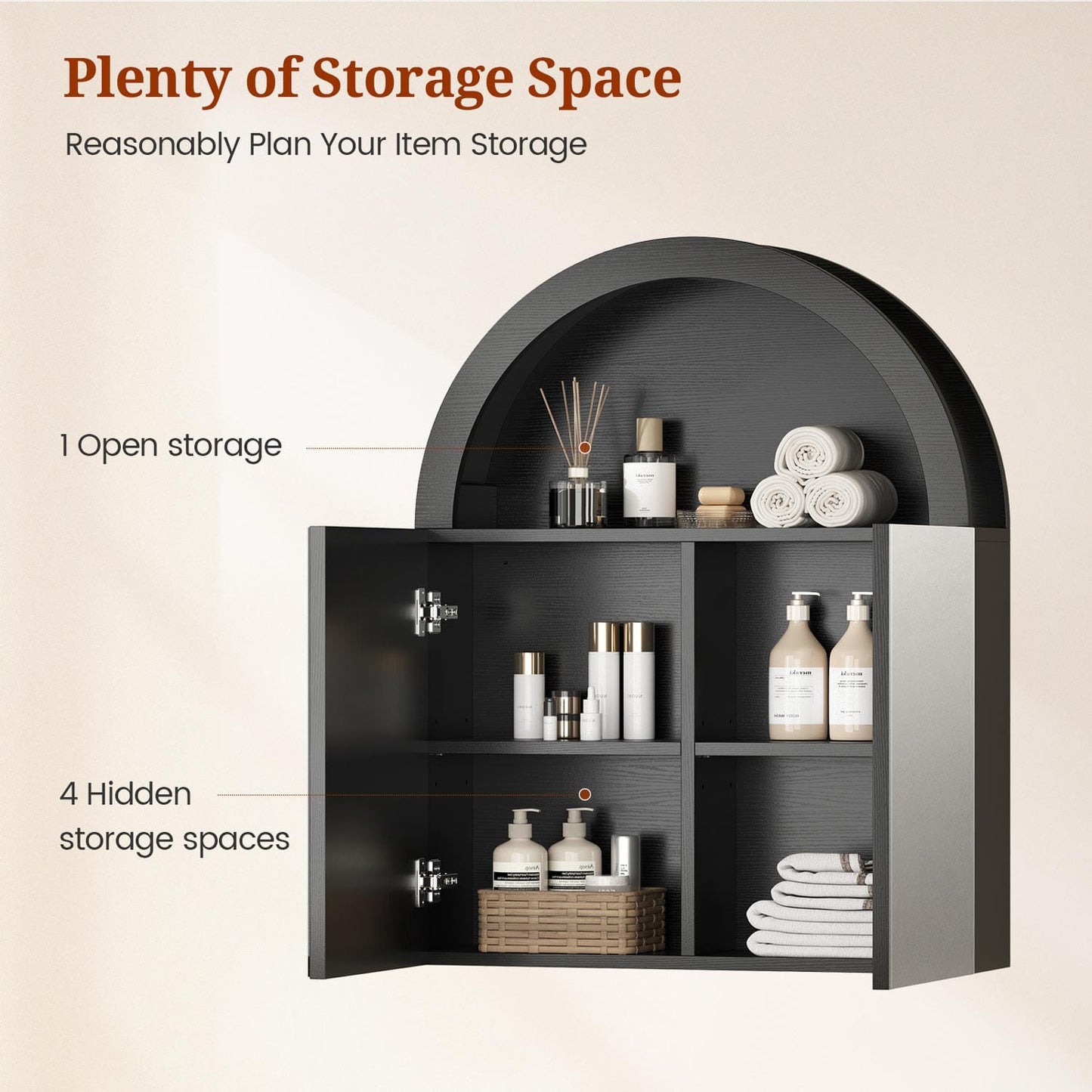 Arched Bathroom Wall Cabinet with High Gloss Mirror Black
