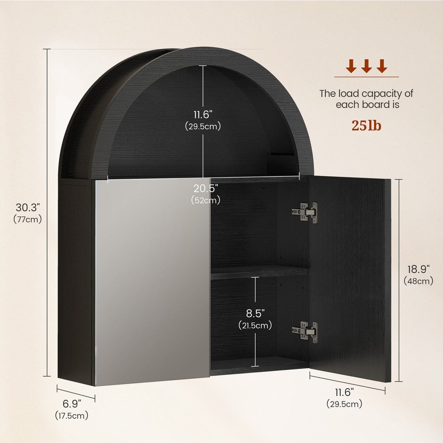 Arched Bathroom Wall Cabinet with High Gloss Mirror Black