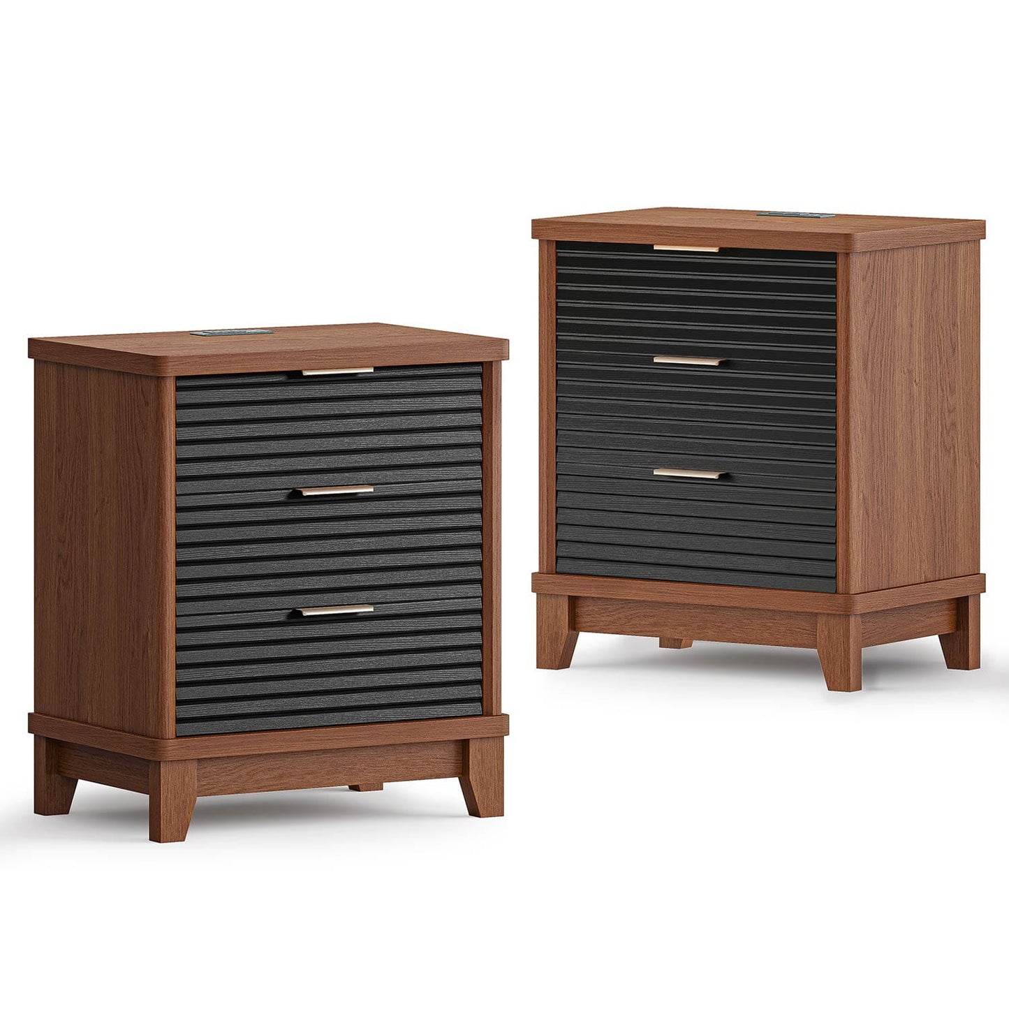 2PCS Fluted Nightstand with Charging Station and 3 Drawers Black