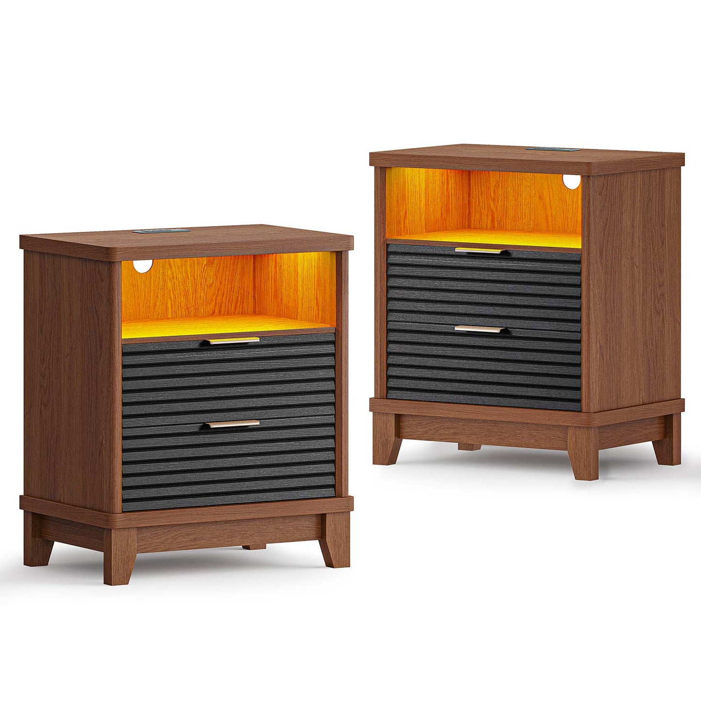2PCS Fluted Nightstand with Charging Station and Led Lights Black