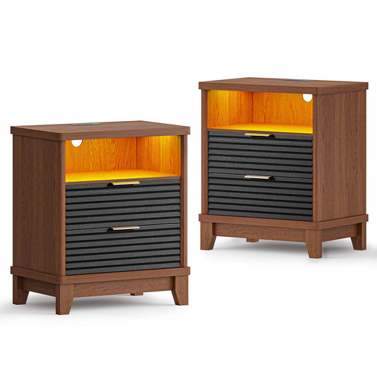 2PCS Fluted Nightstand with Charging Station and Led Lights Black