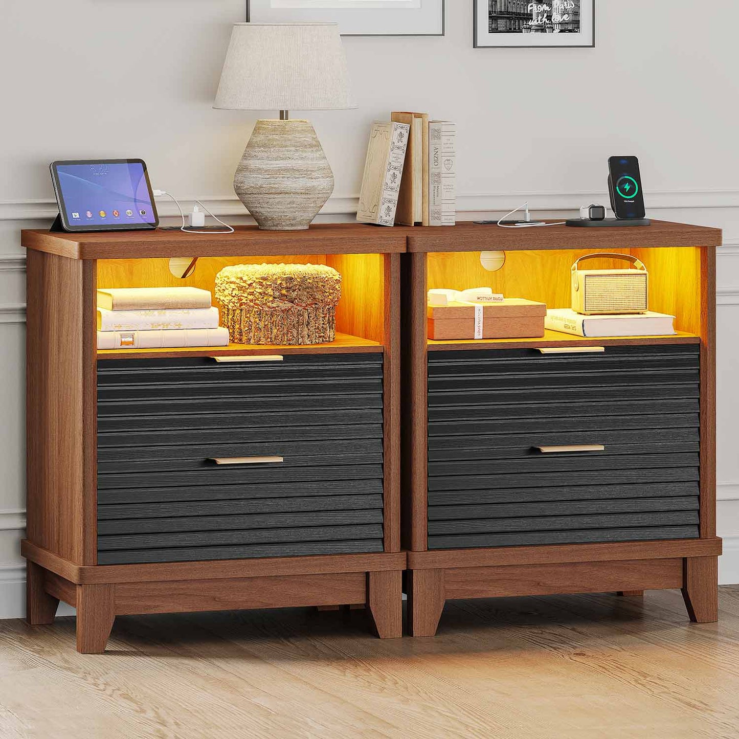2PCS Fluted Nightstand with Charging Station and Led Lights Black