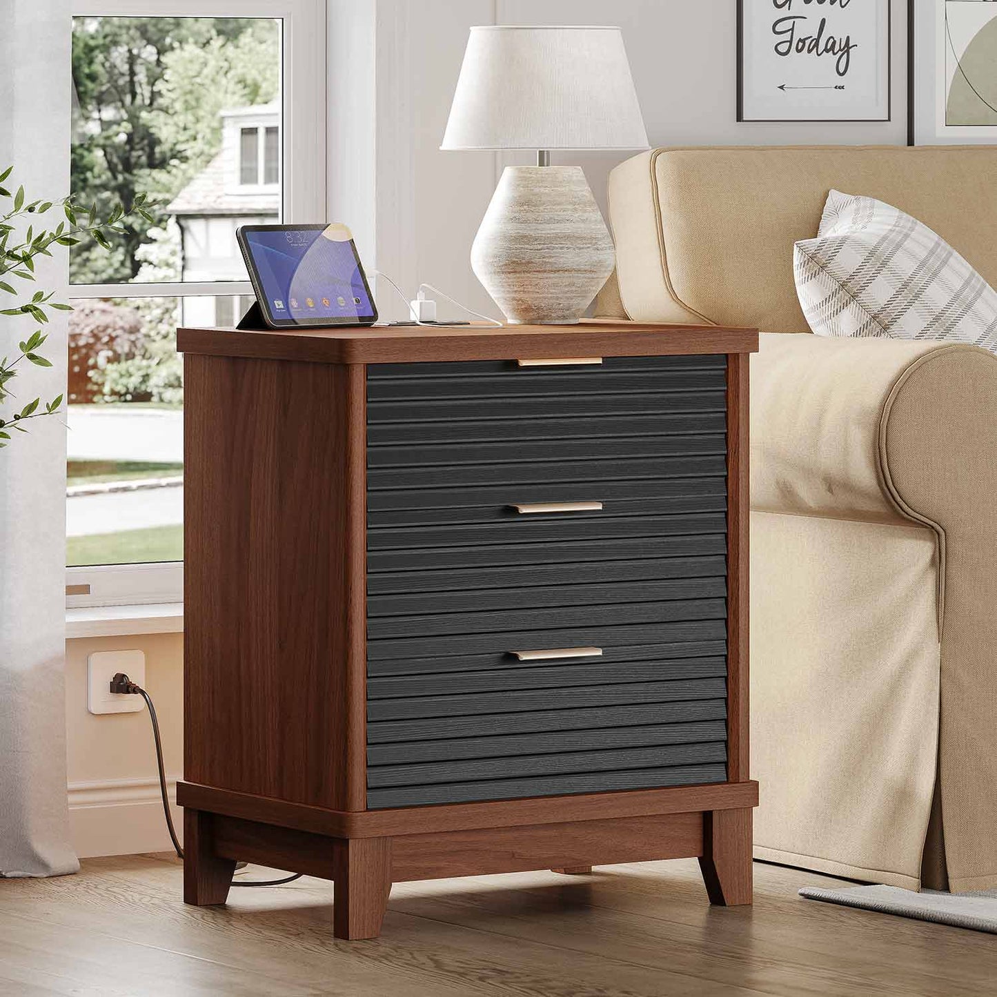 2PCS Fluted Nightstand with Charging Station and 3 Drawers Black