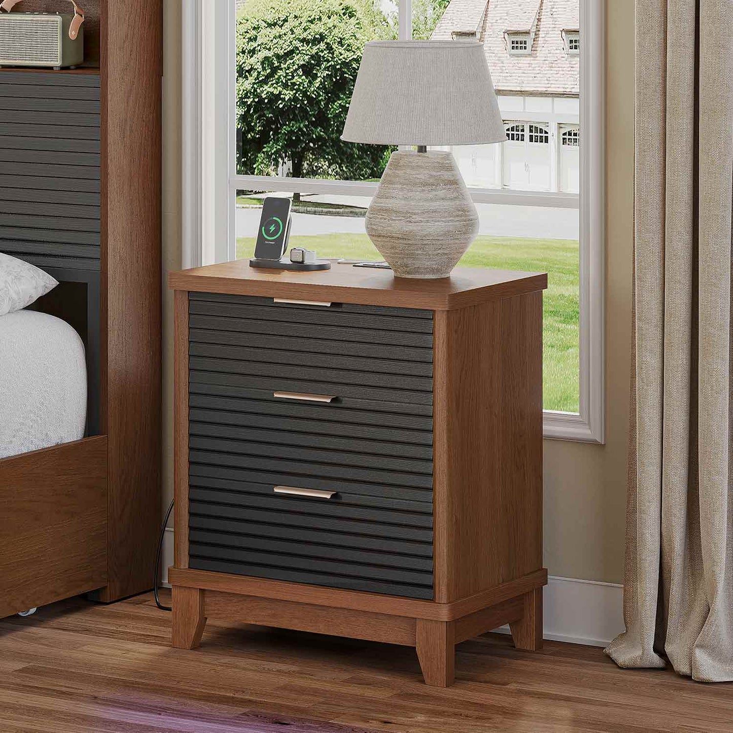 2PCS Fluted Nightstand with Charging Station and 3 Drawers Black