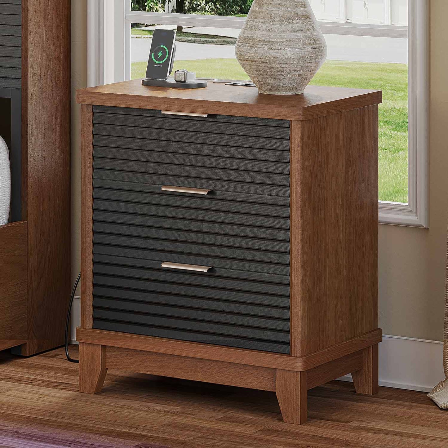 2PCS Fluted Nightstand with Charging Station and 3 Drawers Black