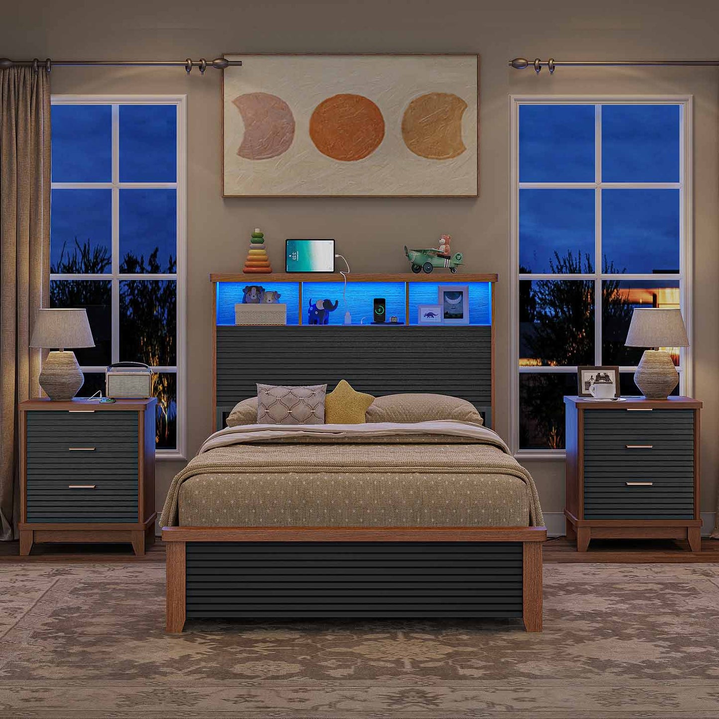 2PCS Fluted Nightstand with Charging Station and 3 Drawers Black