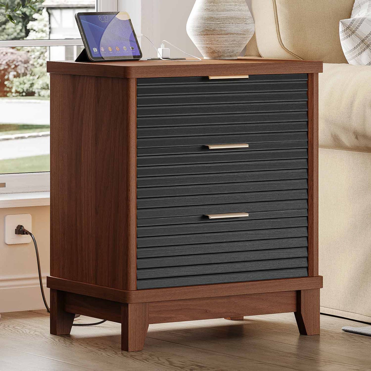 2PCS Fluted Nightstand with Charging Station and 3 Drawers Black