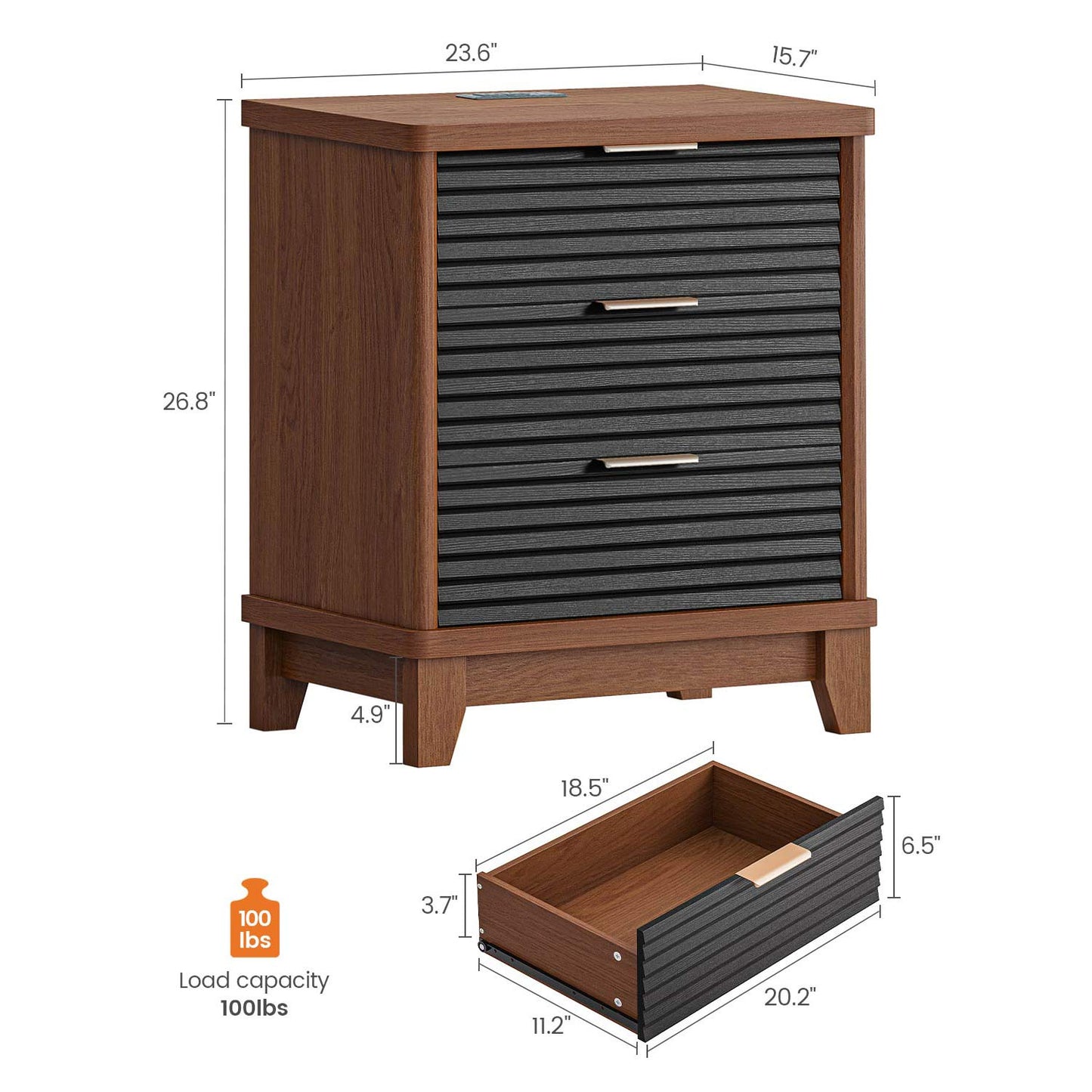 2PCS Fluted Nightstand with Charging Station and 3 Drawers Black