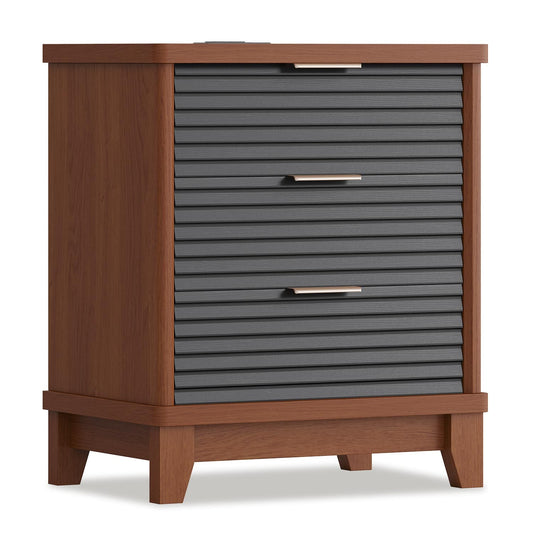 Fluted Nightstand with Charging Station and 3 Drawers Black