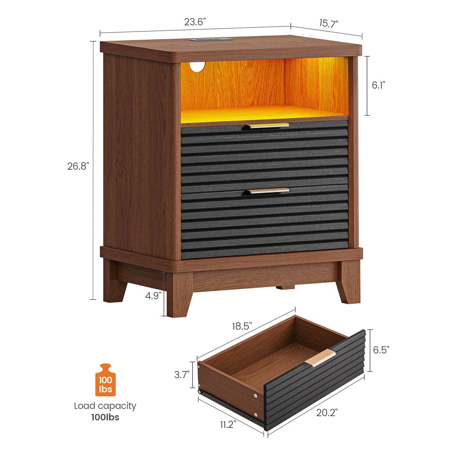2PCS Fluted Nightstand with Charging Station and Led Lights Black