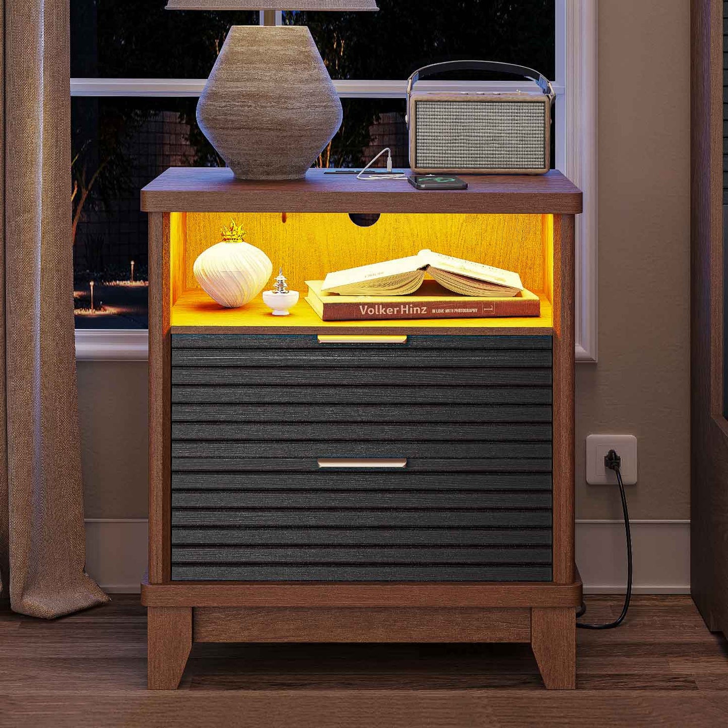 2PCS Fluted Nightstand with Charging Station and Led Lights Black