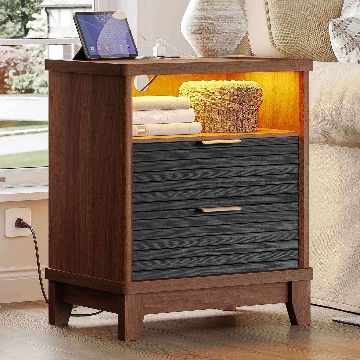 2PCS Fluted Nightstand with Charging Station and Led Lights Black