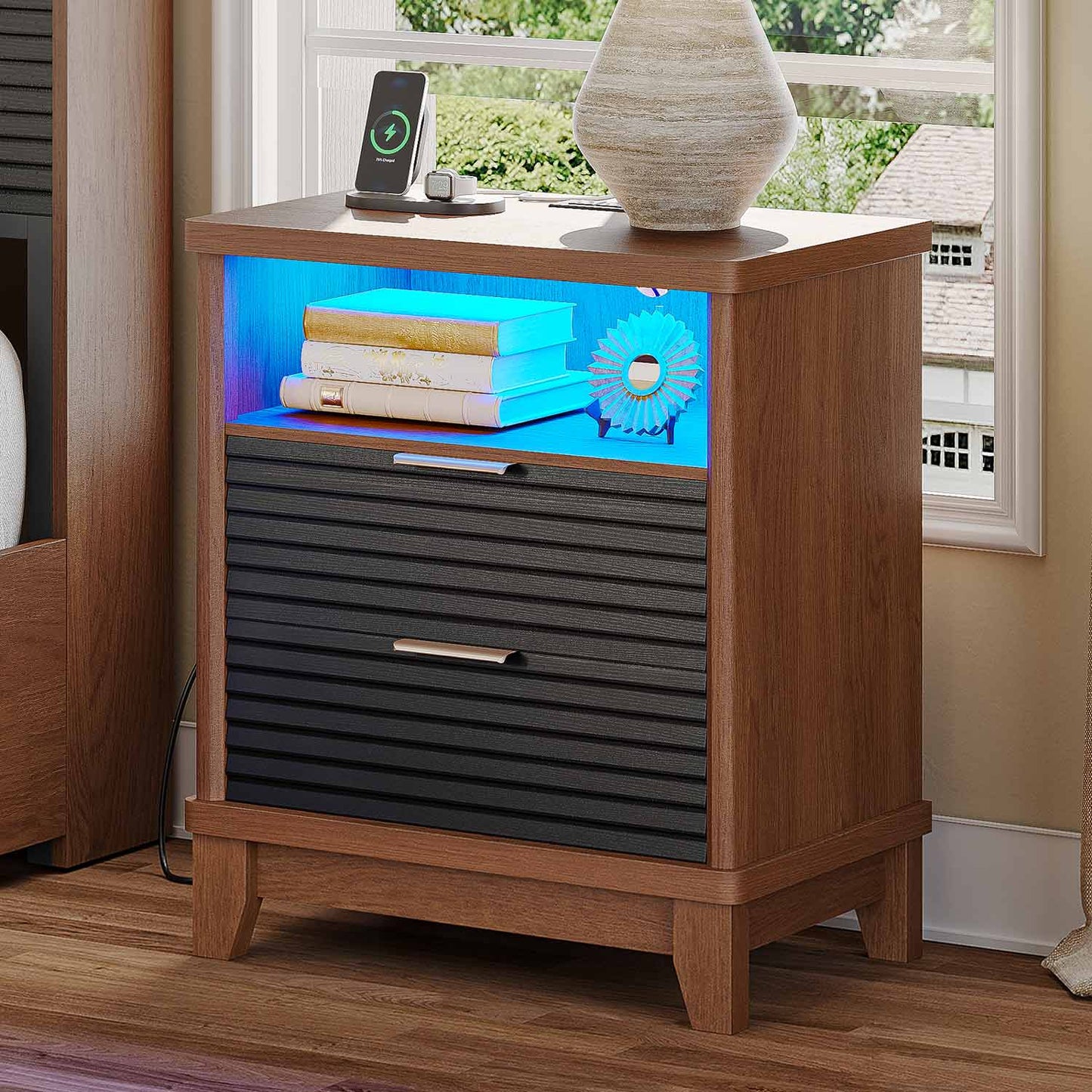 2PCS Fluted Nightstand with Charging Station and Led Lights Black