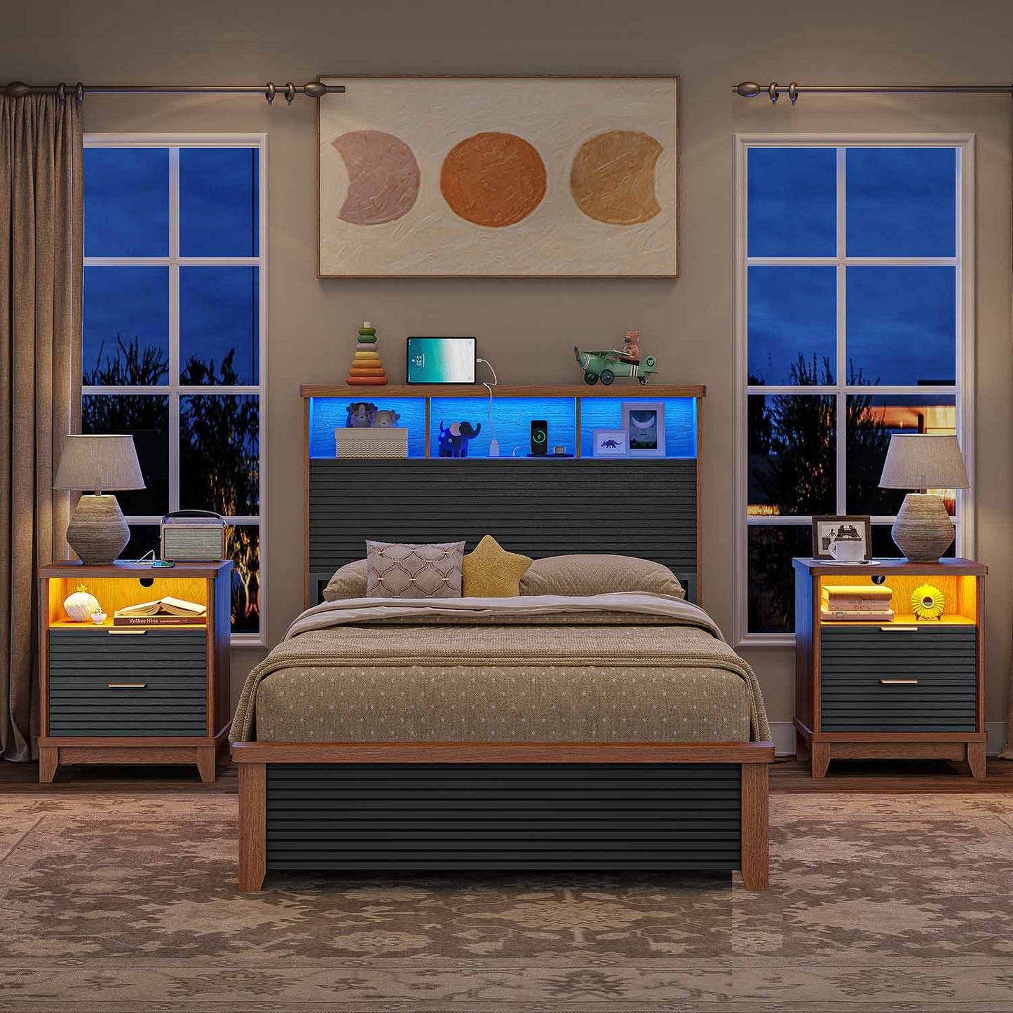 2PCS Fluted Nightstand with Charging Station and Led Lights Black
