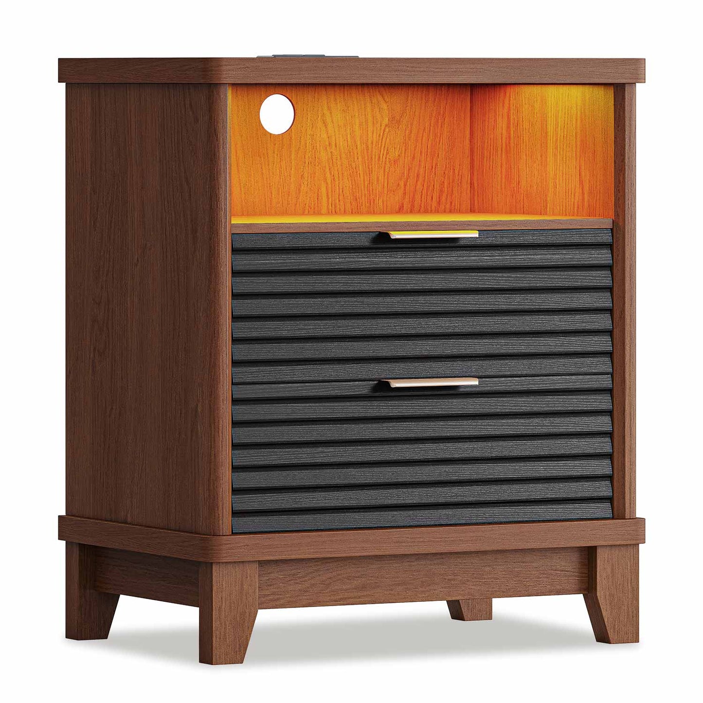 Fluted Nightstand with Charging Station and Led Lights Black