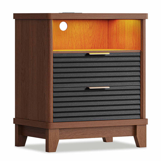 Fluted Nightstand with Charging Station and Led Lights Black