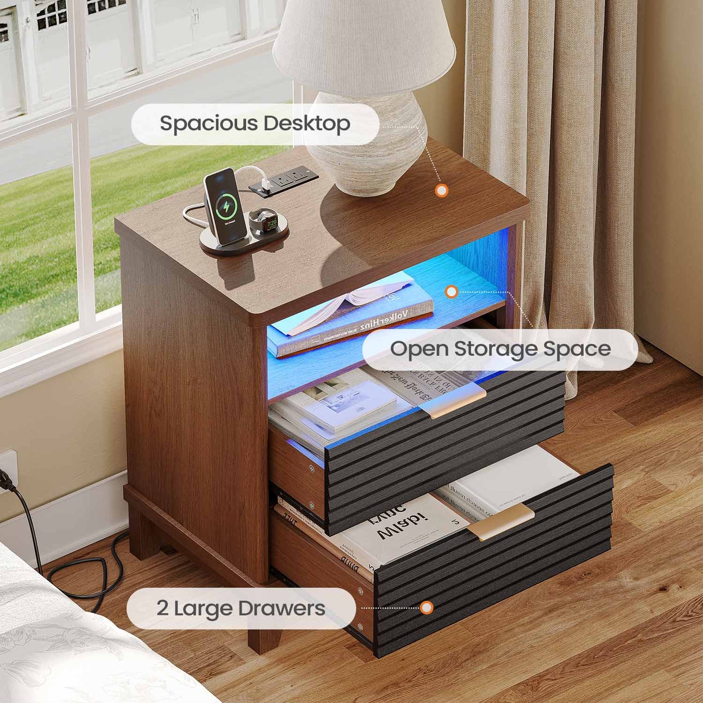 2PCS Fluted Nightstand with Charging Station and Led Lights Black